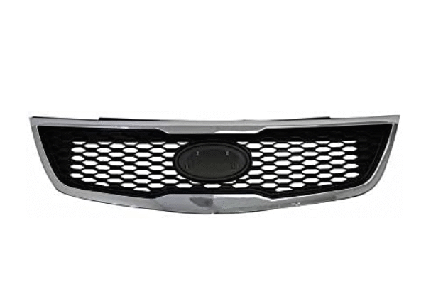 Aftermarket replacement front upper bumper grille assembly 86350-1M600 (863501M600 KI1200173) Compatible with 2011, 2012, and 2013 Forte | Black with chrome trim, ABS